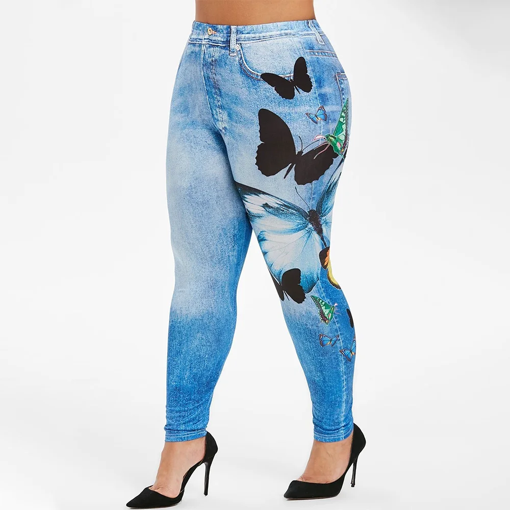 

Womans Pencil Full Length Pants Slim Leggings Butterfly Printed Pants Elastic Trousers Skinny