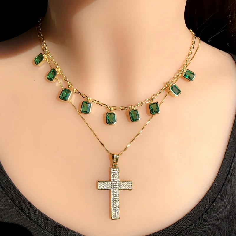 Очаровательная зеленая Геометрическая подвеска-ожерелье для женщин bling Циркон Камень цвета золота покрытая цепь модное колье-чокер ювелирные изделия