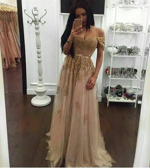 

Gold Prom Long 2018 veren Sweetheart Off the shoulder Evening Gown Lace Party mother of the bride Dress