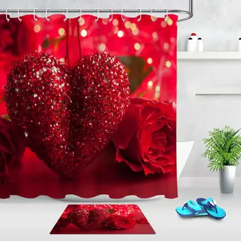 

Red Diamond Love Heart Valentine's Day Shower Curtain Bathroom Sets Fabric Curtains Home Decor Bathtub Curtains