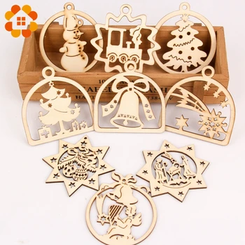 

10pcs/lot Multi Styles Creative Wooden Pendants Christmas Tree Decorations Bell Angel Snowman XMAS Ornaments Wood Chips Decor