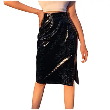 

Plus Size Womens Skirts Slim Solid Croco-Print Leather Print Waiste Skirt Sexy Fashion Summer Mid Skirt Black