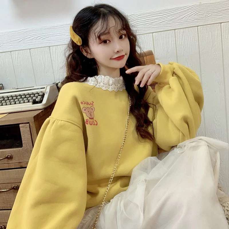 Yellow Зимний женский японский свитер с капюшоном для девочек-подростков, милый Свободный пуловер с кружевными рукавами-фонариками, Топ в стиле "преппи" - Цвет: Yellow