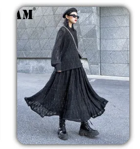 [EAM] женское черное вязаное платье в клетку с разрезом, новинка, высокий воротник, длинный рукав, свободный крой, мода весна-осень 1K069