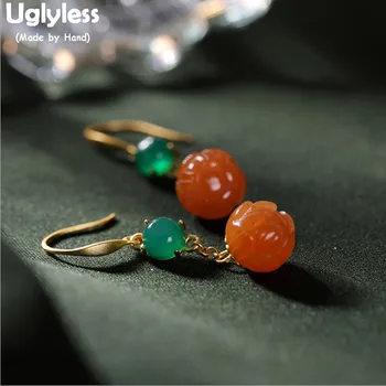

Uglyless Handmade Lotus Earrings for Women Natural Agate Floral Brincos Gold Plated Fine Jewelry Real 925 Silver Earrings E1338