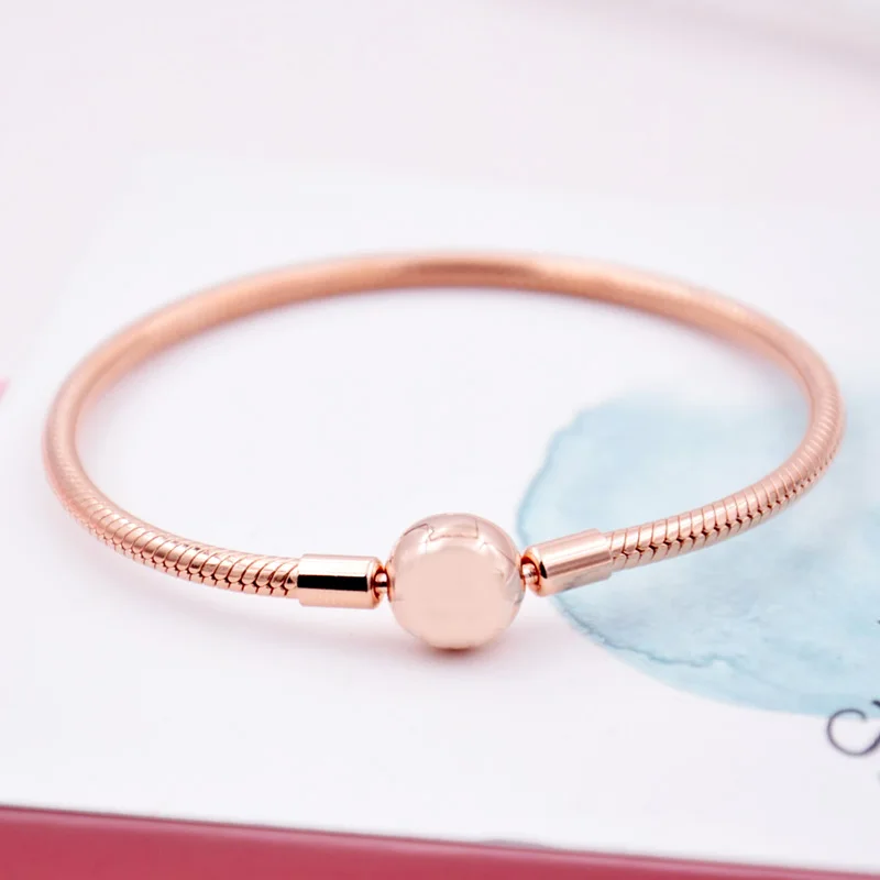 925 пробы, серебряный браслет, розовое золото, моменты, гладкий шар, застежка, змейка, браслет, подходит для женщин, бусина, шарм, сделай сам, европейская бижутерия
