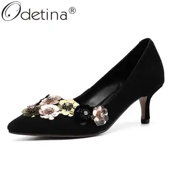

Odetina Women Fashion Flora String Bead Pointed Toe Dress Shoe Ladies Slip On Elegant Kid Suede Kitten Mid Heel Wedding Shoes