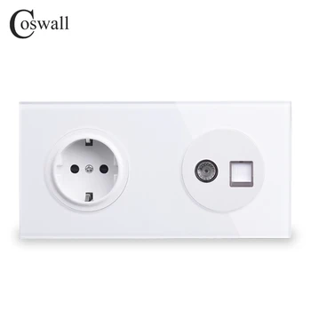 

Coswall Crystal Tempered Glass Panel EU Wall Socket + Female TV Connector With CAT5E RJ45 Computer Jack 172*86mm R11 Series