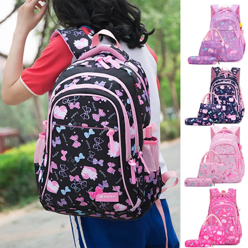 

New Fashion 3Pcs/Set Girl Light Waterproof Backpack Sweet Print Schoolbag Girls Book Mochilas C55