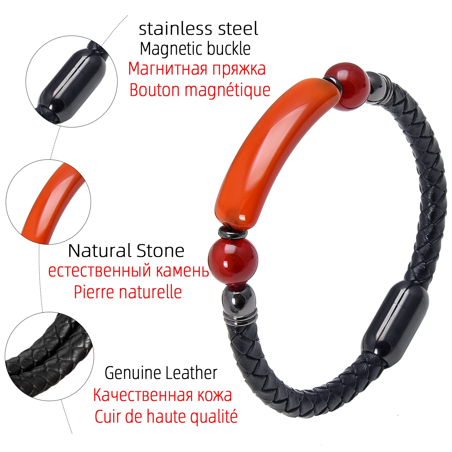 9 Style Natural Stone Bracelet Classic Leather Rope Chain Stainless Steel Buckle