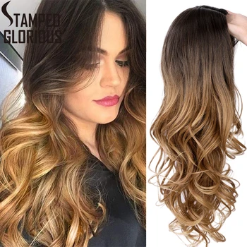 

Stamped Glorious Long Ombre Black Blonde with Small Area Lace Middle Part Wavy Wigs for Women Cosplay Synthetic Wig Party Fiber