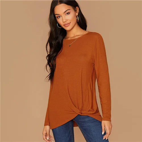 Sheinside, Повседневная Коричневая женская футболка с перекручивающейся передней частью, осень, одноцветная Минималистичная футболка, топы для девушек, тянущийся Удлиненный топ - Цвет: Brown