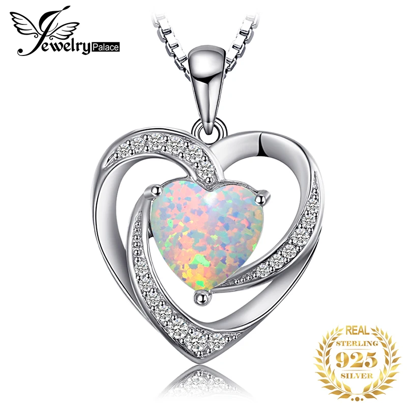 

JewelryPalace Heart Created Opal Pendant Necklace 925 Sterling Silver Gemstones Choker Statement Necklace Women Without Chain