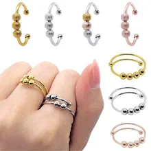 Women Anxiety Rings Stainless Steel Fidget Beads Ring Spinner Spiral Simulated Pearl Anti Stress Ring Rotate Freely Jewelry Gift