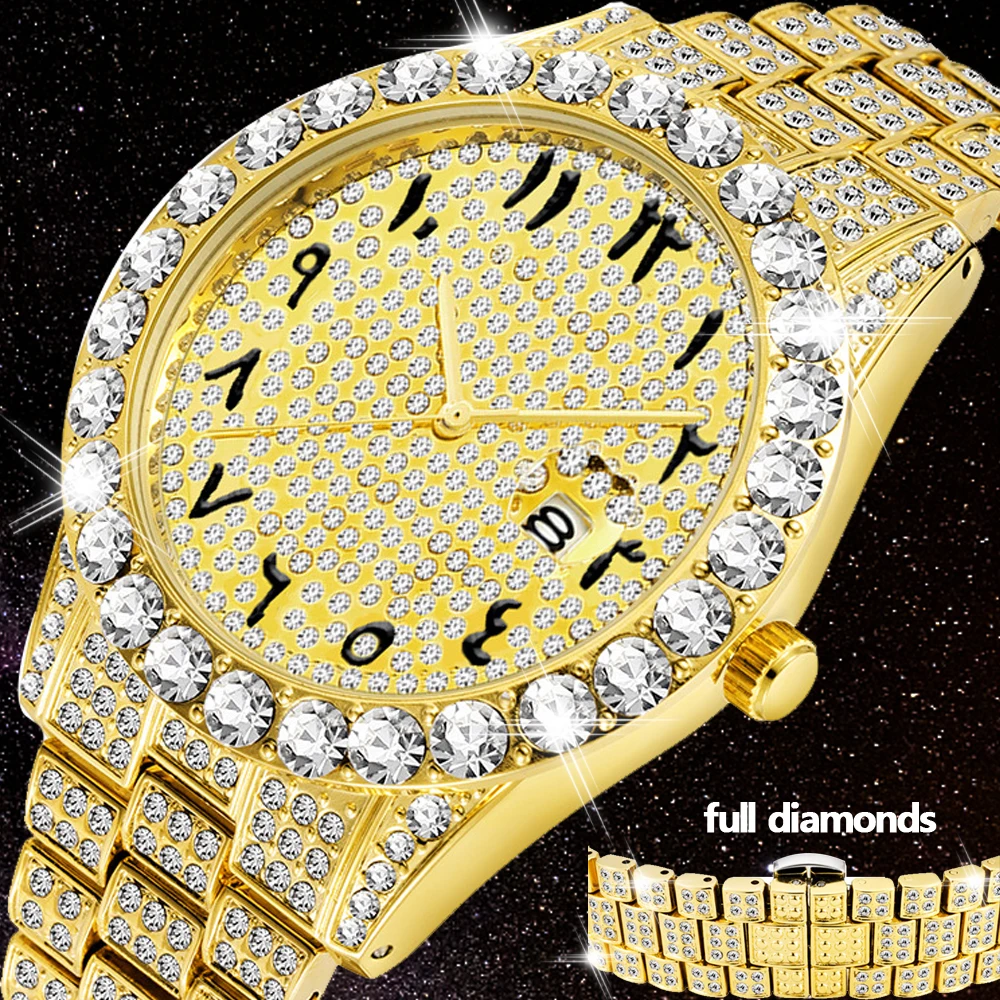 

Luxury 18K Gold Watch For Men Full Diamond Wristwatch Waterproof Male Clock Hip Hop Iced Out Quartz Men's Watches Arabic Relogio