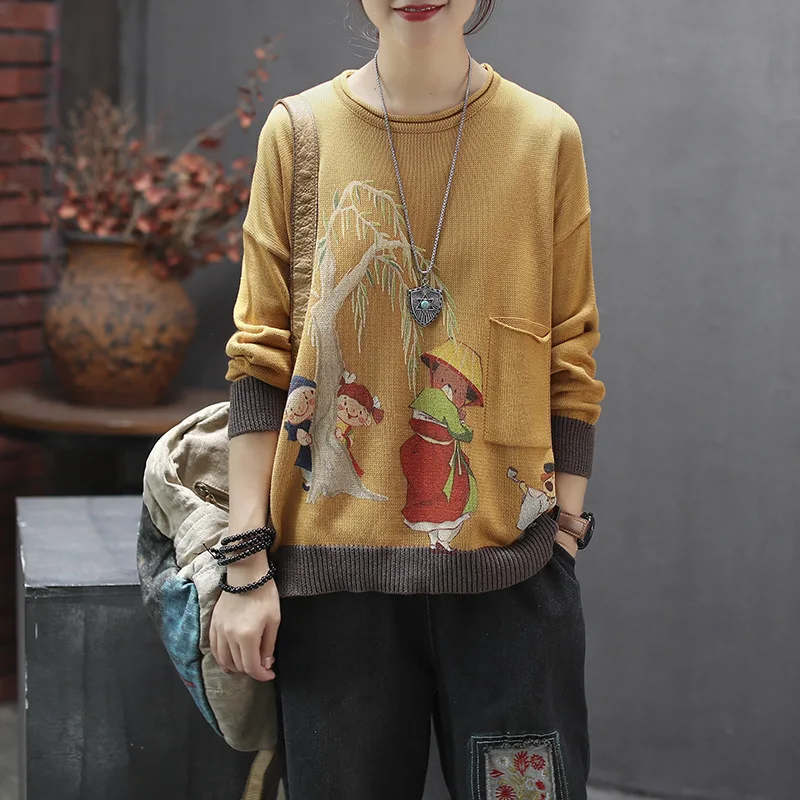 Autumn Sweater Retro Knitting Women Loose Pullovers New 2019 Ladies Tops O-Neck Long-sleeved Print Character Mori Girl | Женская одежда