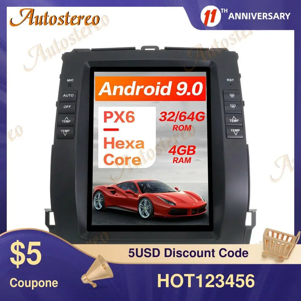 

For Toyota Land Cruiser Prado 120 2002-2009 Tesla Screen Android 9.0 PX6 4G Car GPS Navigation Stereo Headunit Multimedia Player