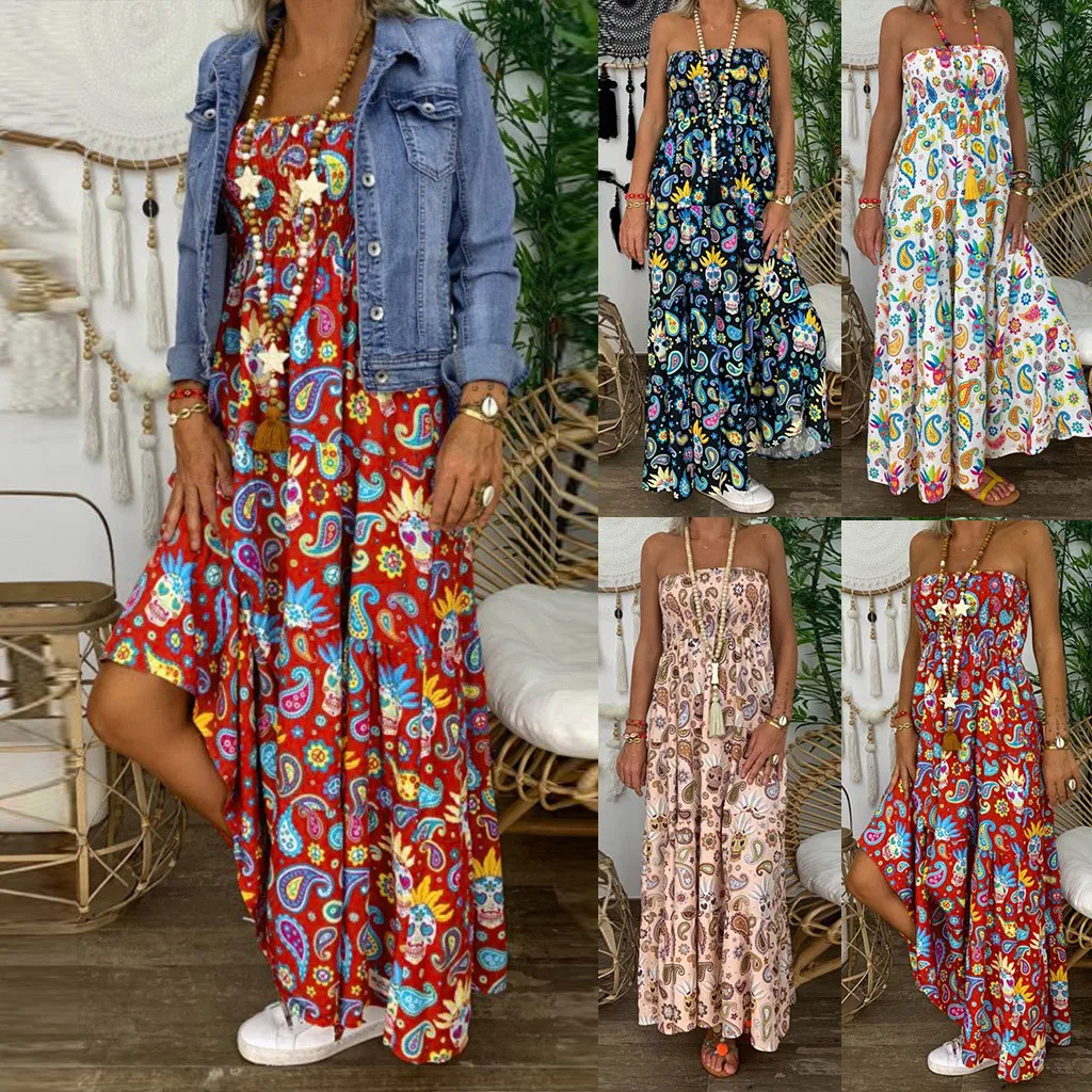 

Women's Plus Size 2019 Summer Dress Vintage Boho Print Strapless Long Maxi Dresses Dresses Woman Party Night DouDouLu Vestidos