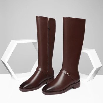 

2021 Concise Side Zipper Genuine Leather Knee-High Ladies Boots Square Tor low Heels boots Winter Party Basic Shoes Woman