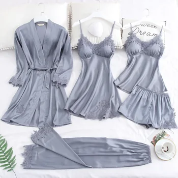 

5 Piece Pajamas Set For Women Sexy Lace Stain Women Pajamas Faux Silk Dressing Gown Lace Summer Robe Sleepwear With Chest Pads