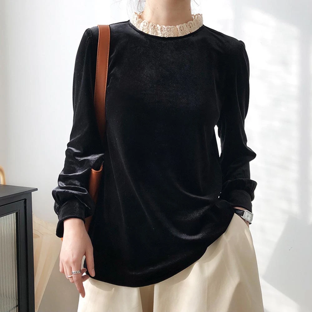 Blusa negra elegante para mujer camisa de terciopelo de encaje con cuello alto para mujer 2020 primavera nueva camisa de estilo princesa Vintage Coreanos|Blusas y camisas| -