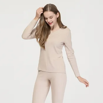

Zhen Si La Rong Thermal Underwear Sets Women's Mulberry Silk Knit V-neck Thick Plus Velvet Dajane Solid