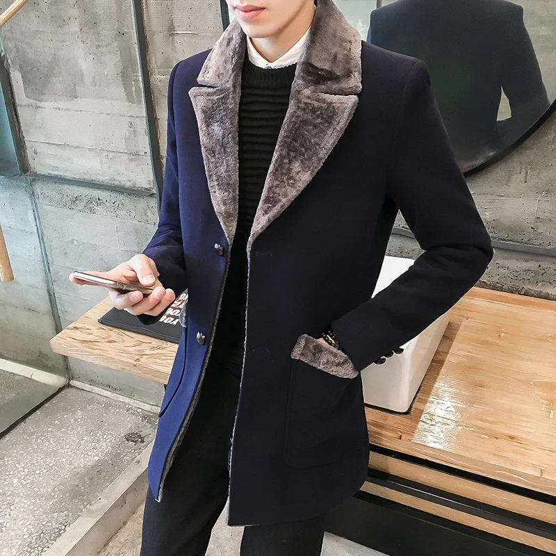 Fur Collar Trench Coat Men Wool Blend Winter Coat Slim Fit Men Manteau Homme Mid-Long Black Grey Mens Trench Coat Blue 4xl 5xl