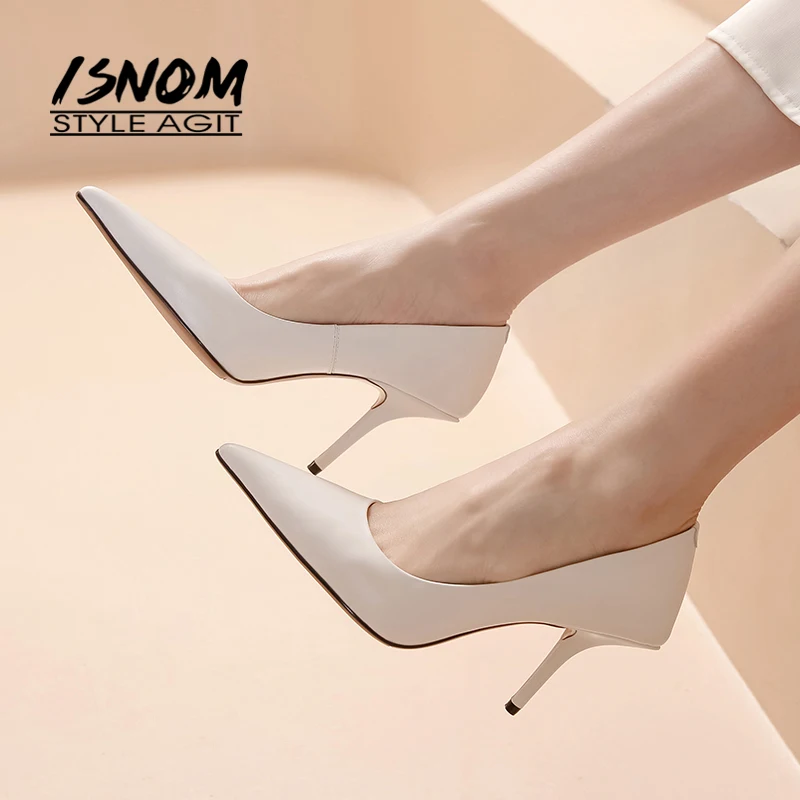 ISNOM 2020 Genuine Leather Pumps Shoes Woman Pointed toe High Heels Basic Stiletto Women Bridal | Обувь