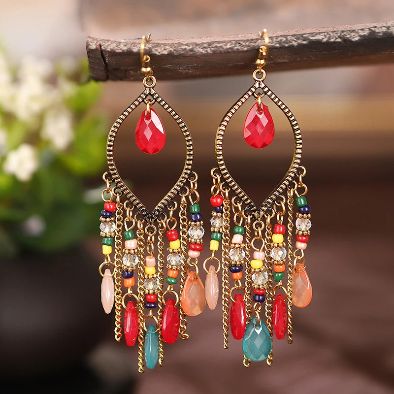 Vintage Colorful Crystal Chain Tassel Earrings for Women Handmade Beads Acrylic Bohemian Long Drop Dangle Earrings Jewelry