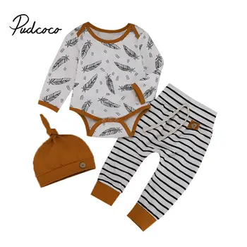 

Brand 2020 Brand New Autumn Winter Newborn Infant Baby Boys Clothes Set 3PCS Long Sleeve Bodysuit Tops long Lace-Up Pants +Hat