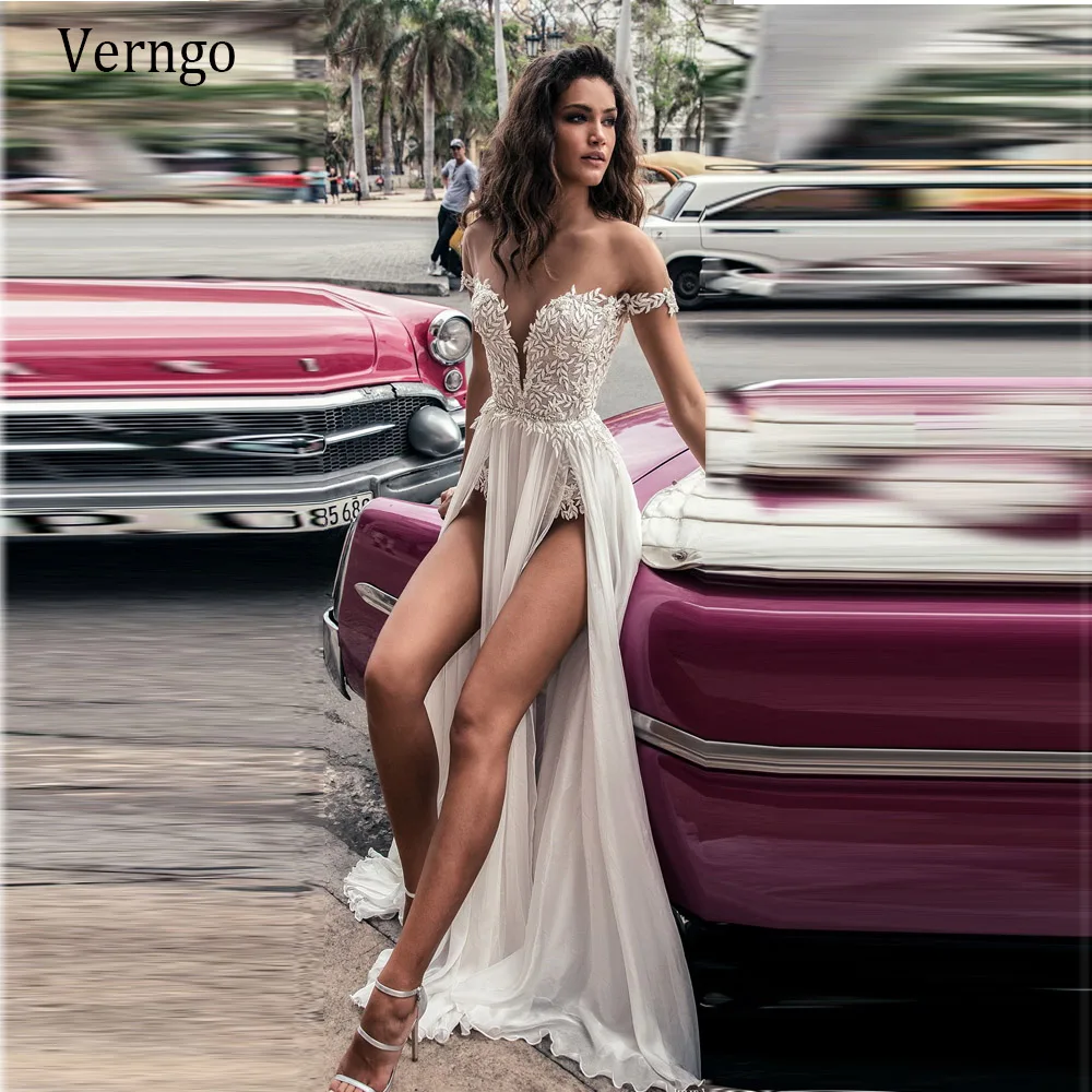 Verngo Sexy Beach Wedding Dress Off Shoulder Illusion Neckline Bridal Gown Backless Lace High Slit 2020 Photo Shot Long | Свадьбы и