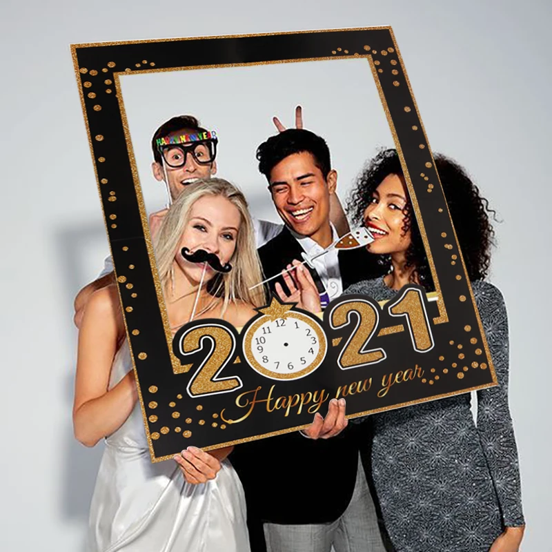 2021 Happy New Year photo booth props paper photo frame Christmas decorations for home