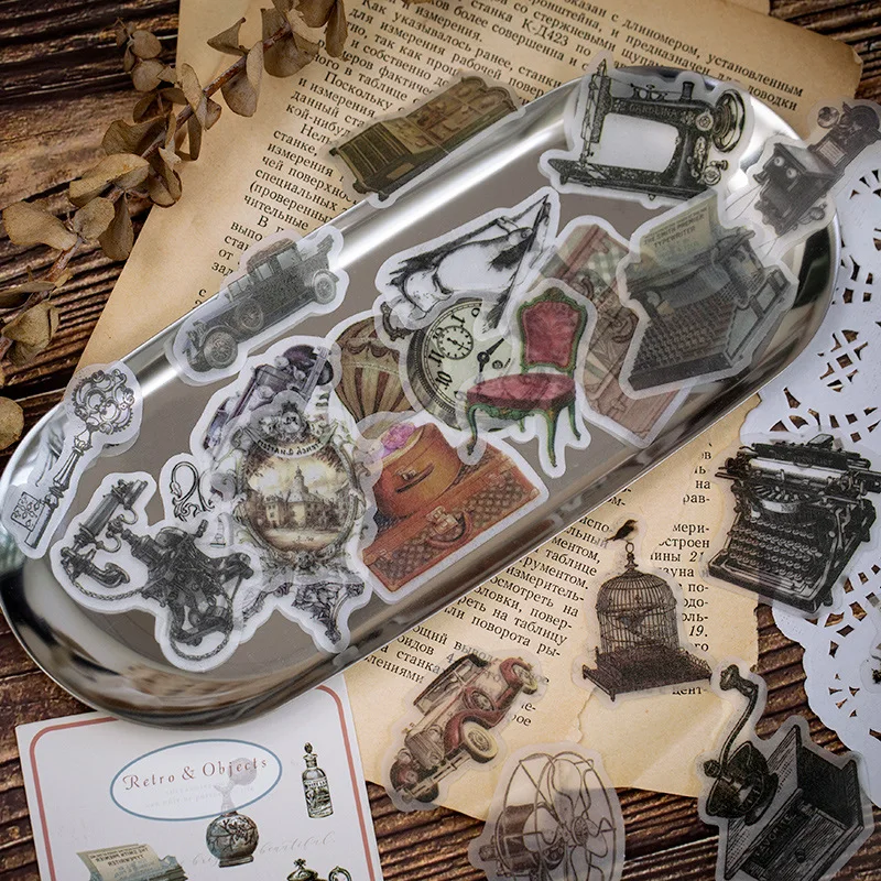 

50 Pcs Retro Sticker Vintage Bullet Journal Stickers Sulfuric Acid Paper Sticker Plant Furniture Animal Stickers Scrapbooking