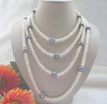 

Fashion jewelry Free Shipping 65" 7-8mm natural white & black freshwater pearl necklace