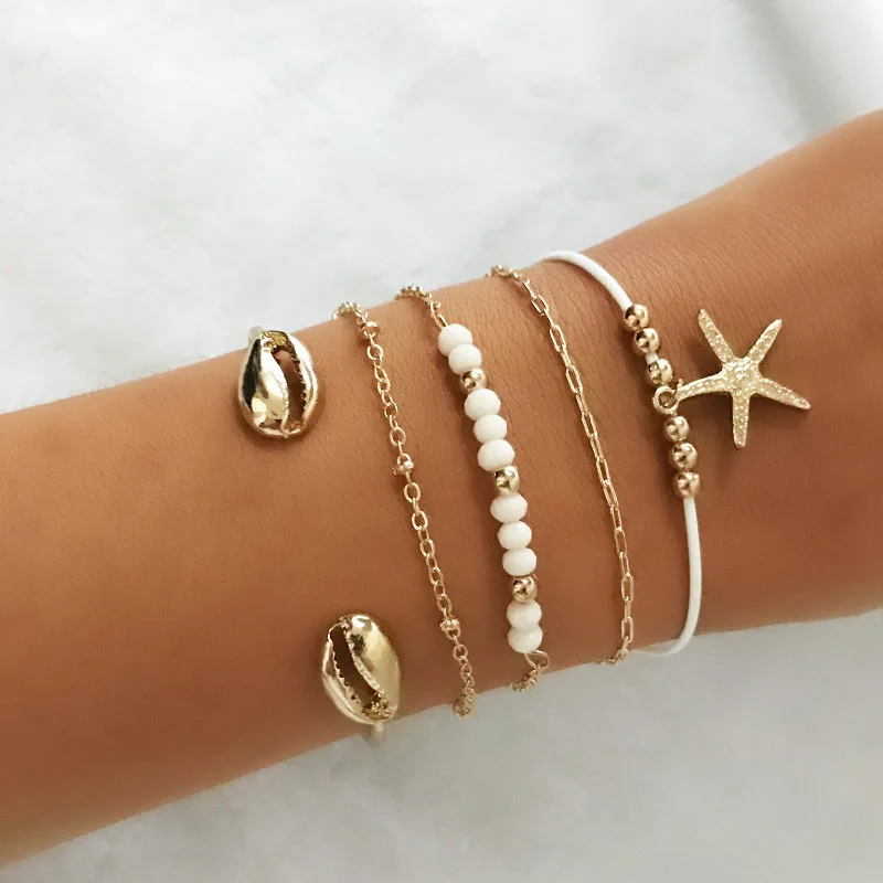 

5pcs/Set Gold shell Starfish Beads Charm Bracelets Set Bangle For Women Simple bracelet Link Chain Bracelets Party Jewelry