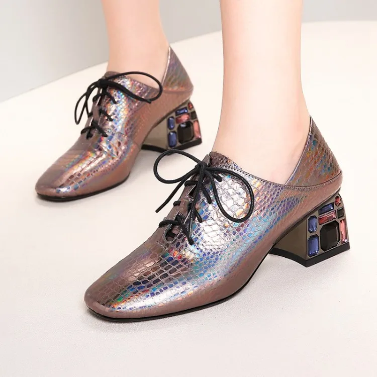 

2019 Autumn Square Head Chunky Heel Solid Color Lace-up Europe And America Man-made Diamond Low Top Semi-high Heeled Thick with