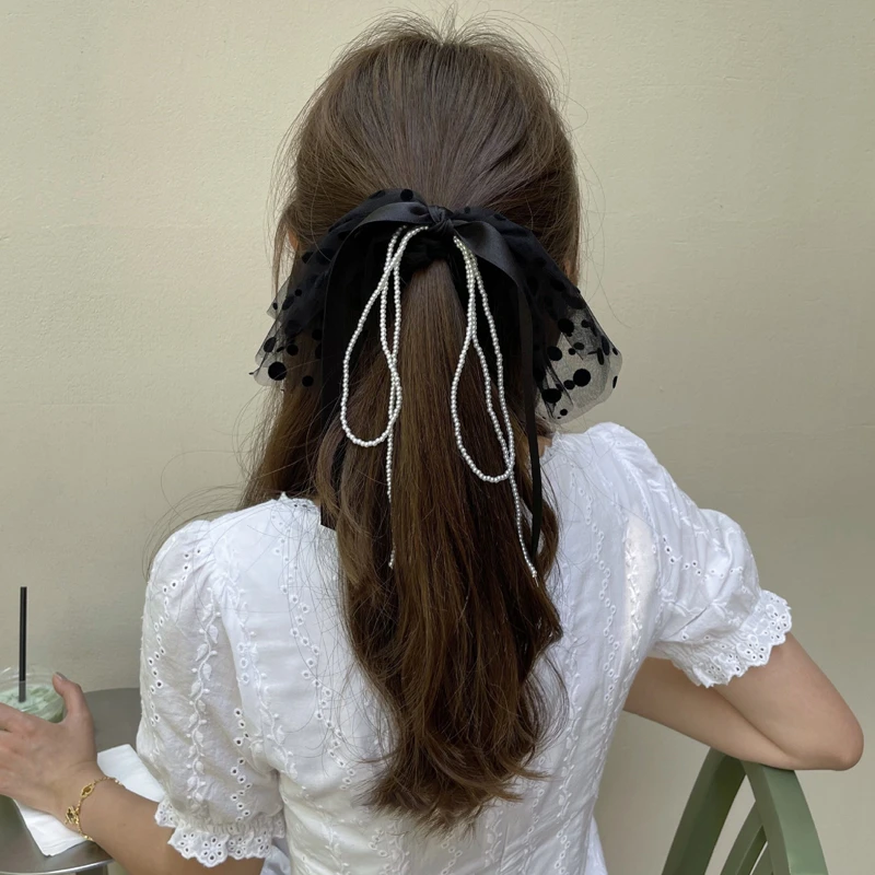 女性のための長い真珠の黒いシュシュ ポニーテールのスカーフ 柔らかい弾性の髪のための韓国のファッションアクセサリー レディースヘアアクセサリー Aliexpress