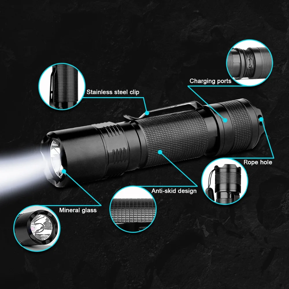 LED Flashlight Built-in 18650 Battery Waterproof Torch Powerful 1000LM Hunting Lanterna