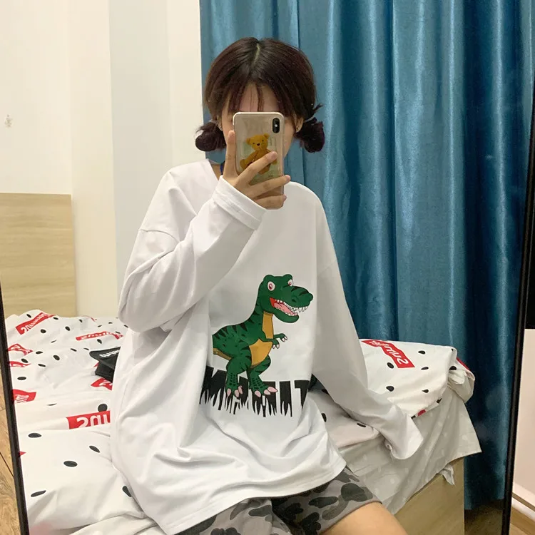 Осенняя женская футболка Harajuku одежда мультфильм Динозавр печатных футболки для женщин Белый Свободный длинный рукав футболки топы