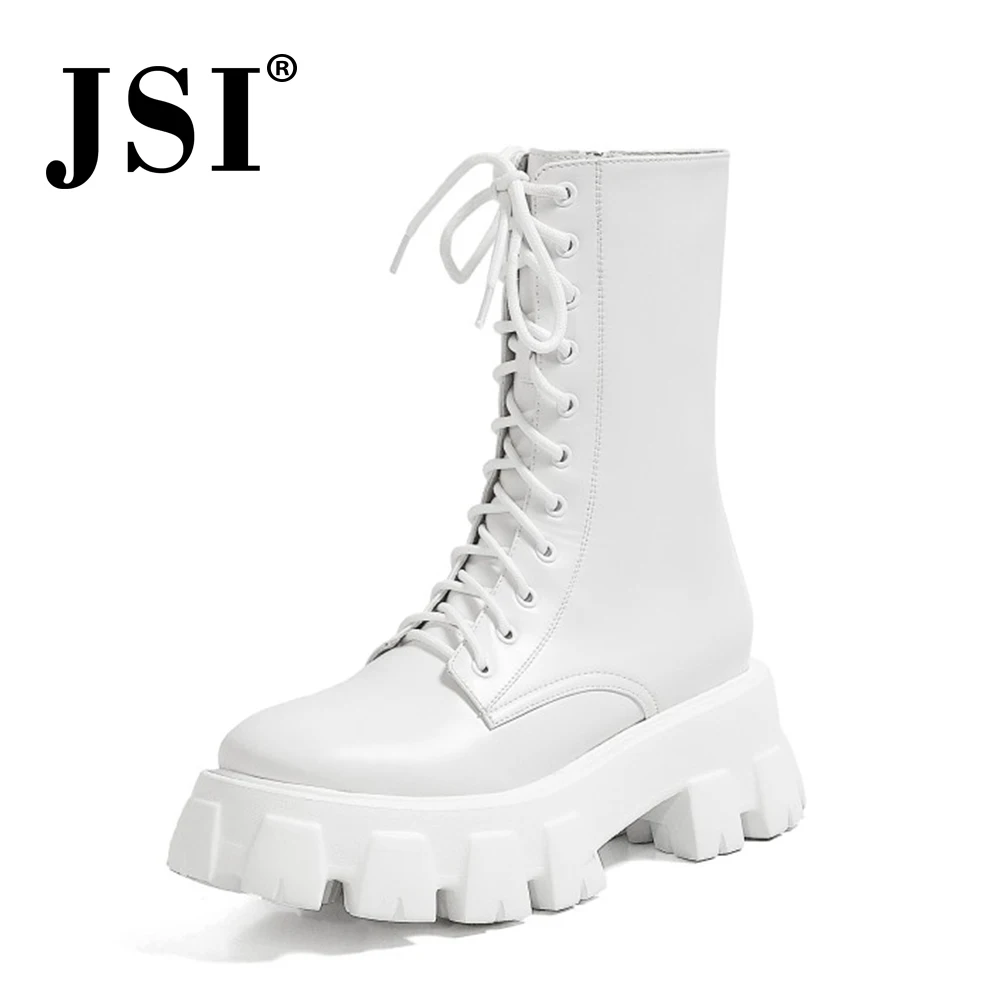 

JSI Mid-calf Boots Winter Cool Woman Cross-tied Flat Heel Martin Shoes Lady Black Genuine Leather Chunky Boots Shoes JO590
