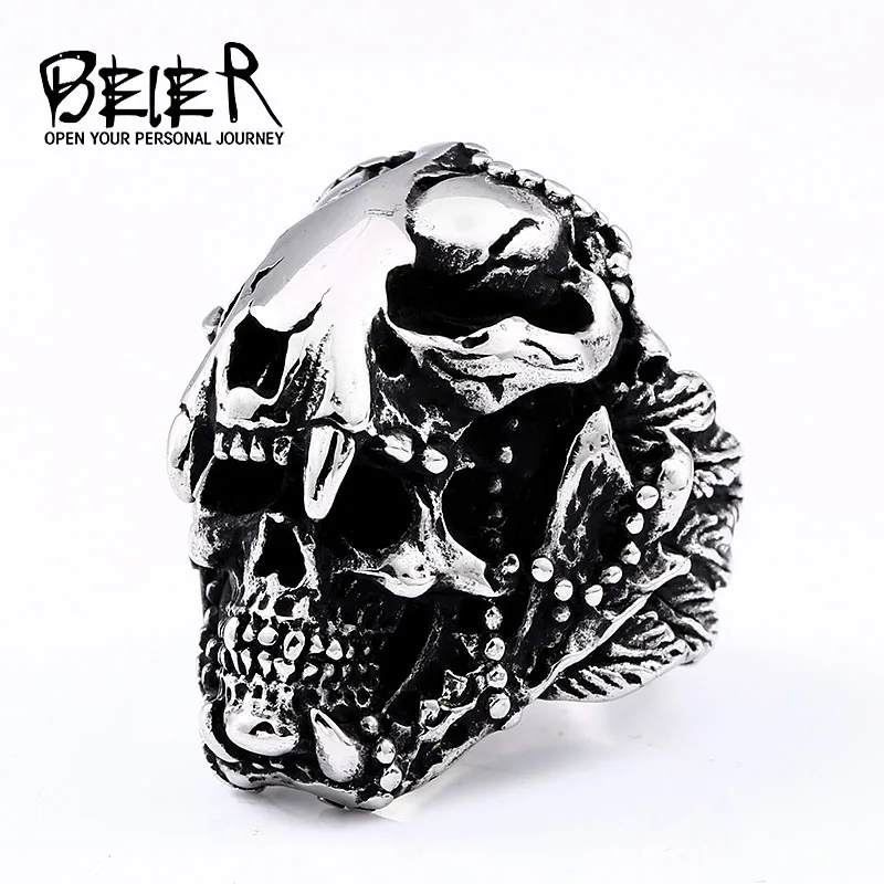 

BEIER New 3D Machairodus Smilodon Dinosaur Head Ring Stainless Steel Cool Fashion Unique Skull anel High Quality Jewelry BR8-695