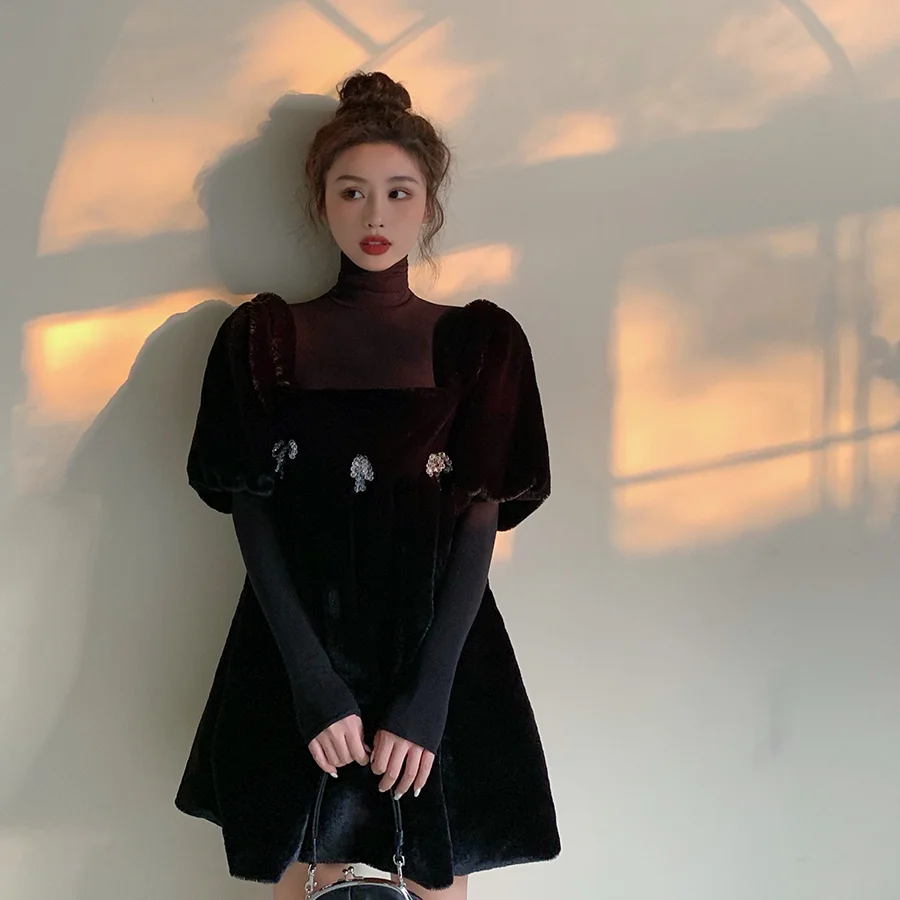 WHITNEY WANG Зимняя мода уличная одежда винтажный стиль квадратный воротник с пышными рукавами Бисероплетение бант бархатное платье женские вечерние платья