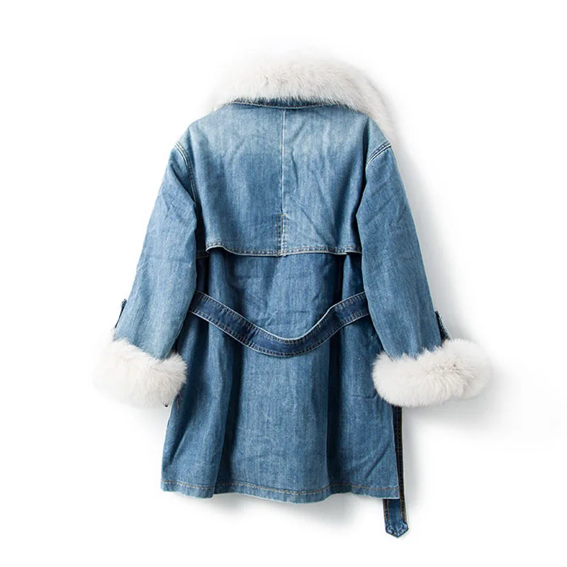 Натуральный Лисий мех воротник зимняя куртка Для женщин Длинная джинсовая куртка Куртка–пуховик на 90% белом утином пуху теплые женские Парка на пуху верхняя одежда для детей