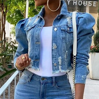 

Autumn Women Sexy Ripped Denim Jackets 2020 Vintage Casual Short Jean Jacket Puff Sleeve Winter Female Coat Streetwear Plus Size