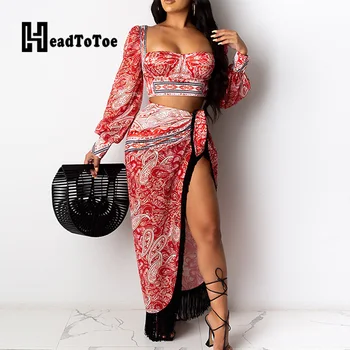 

Ethnic Print Long Sleeve Square Neck Crop Tops & Knot Waist Tassel Design High Slit Maxi Skirt Set Retro Women Two Piece Outfits