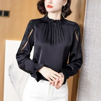 

New Hot Women's High Fashion Spring Stand Collar Pleated Flare Long Sleeve Black Blouses Female Casual Elegant Plus Size Shirts