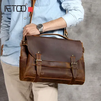 

AETOO Classic Casual head cowhide Postman Pack men's shoulder crossbody bag vintage laptop bag