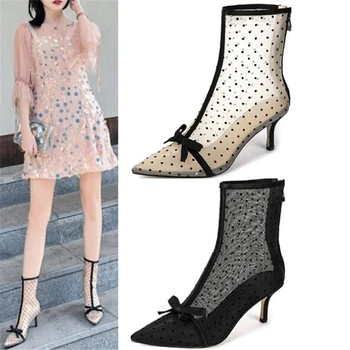 

Butterfly-knot Spring Shoes Woman Pointed Toe Runway Summer Boots High Heels Ladies Shoes Polka Dot Botas Mujer Ankle Botines