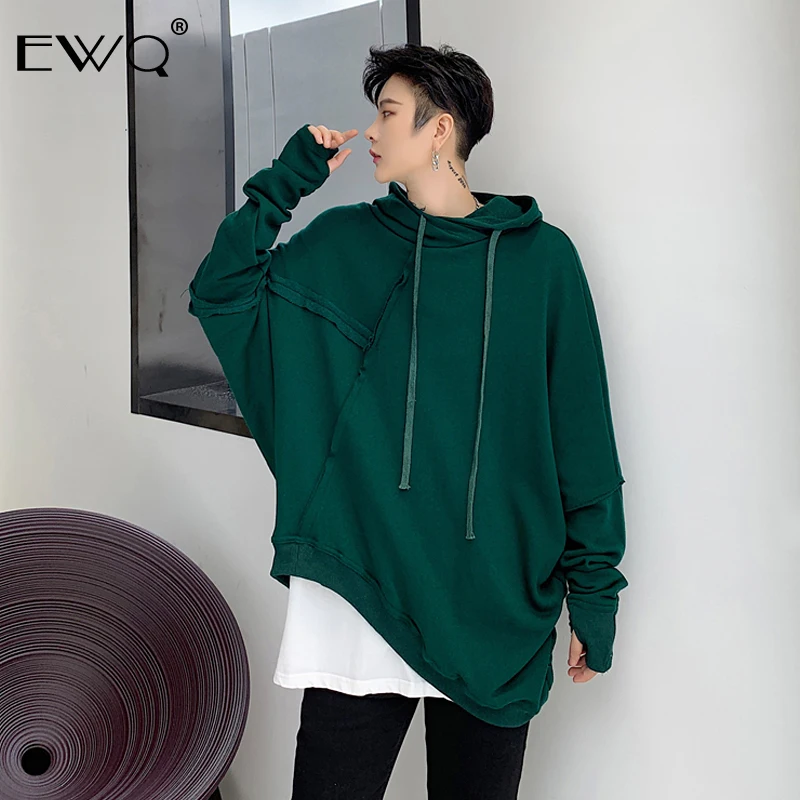 EWQ / oversize hoodie for men 2020 spring irregular patchwork slanted hem design bat long sleeve loose pullover sweatshirt 9Y523 | Мужская