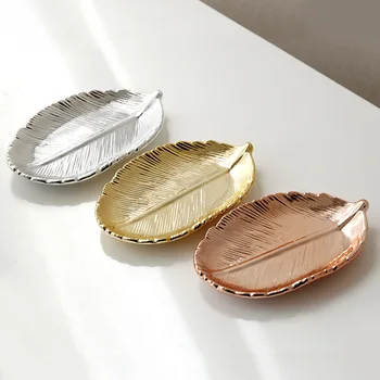 

Luxury Ceramic Plate Tree Leaf Jewelry Snacks Dessert Silver Storage Tray Rose Gold Ceramics Jewelry Enamel Trinket Dish